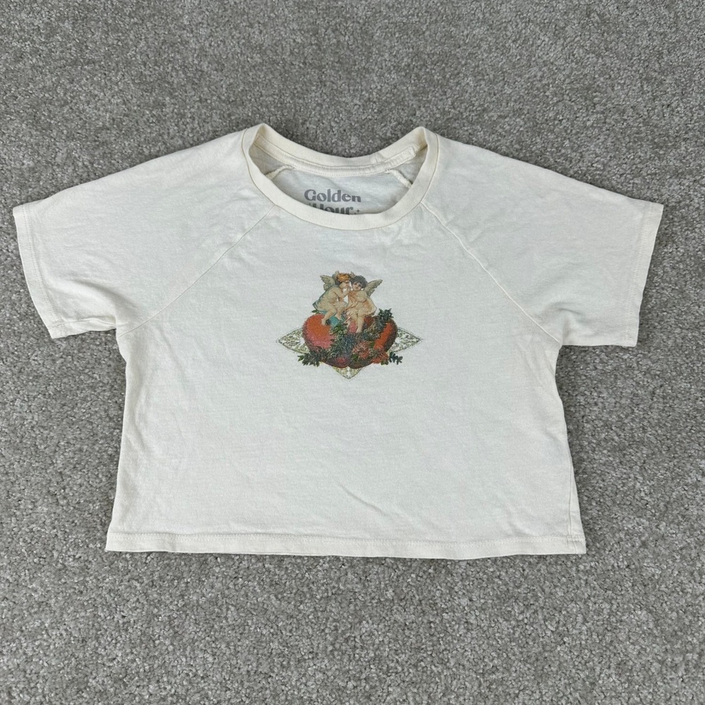 Golden Hour Cream Cherub Heart Graphic Crop Top Tee Womens Small Raglan Sleeve